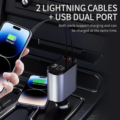 4 IN 1 Retractable Car Charger USB Type C And IOS Cable
