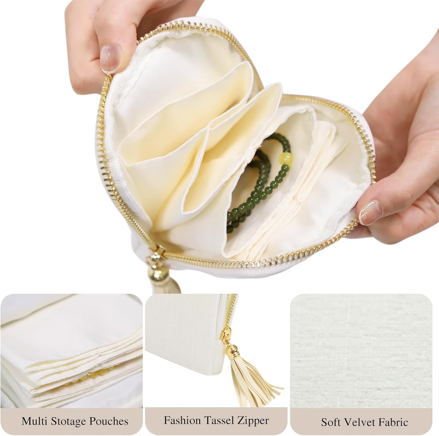 Portable Travel Jewelry Case Pouches for Crystals Bracelets Rings—White Tassel