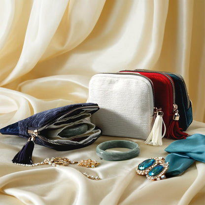 Portable Travel Jewelry Case Pouches for Crystals Bracelets Rings—White Tassel