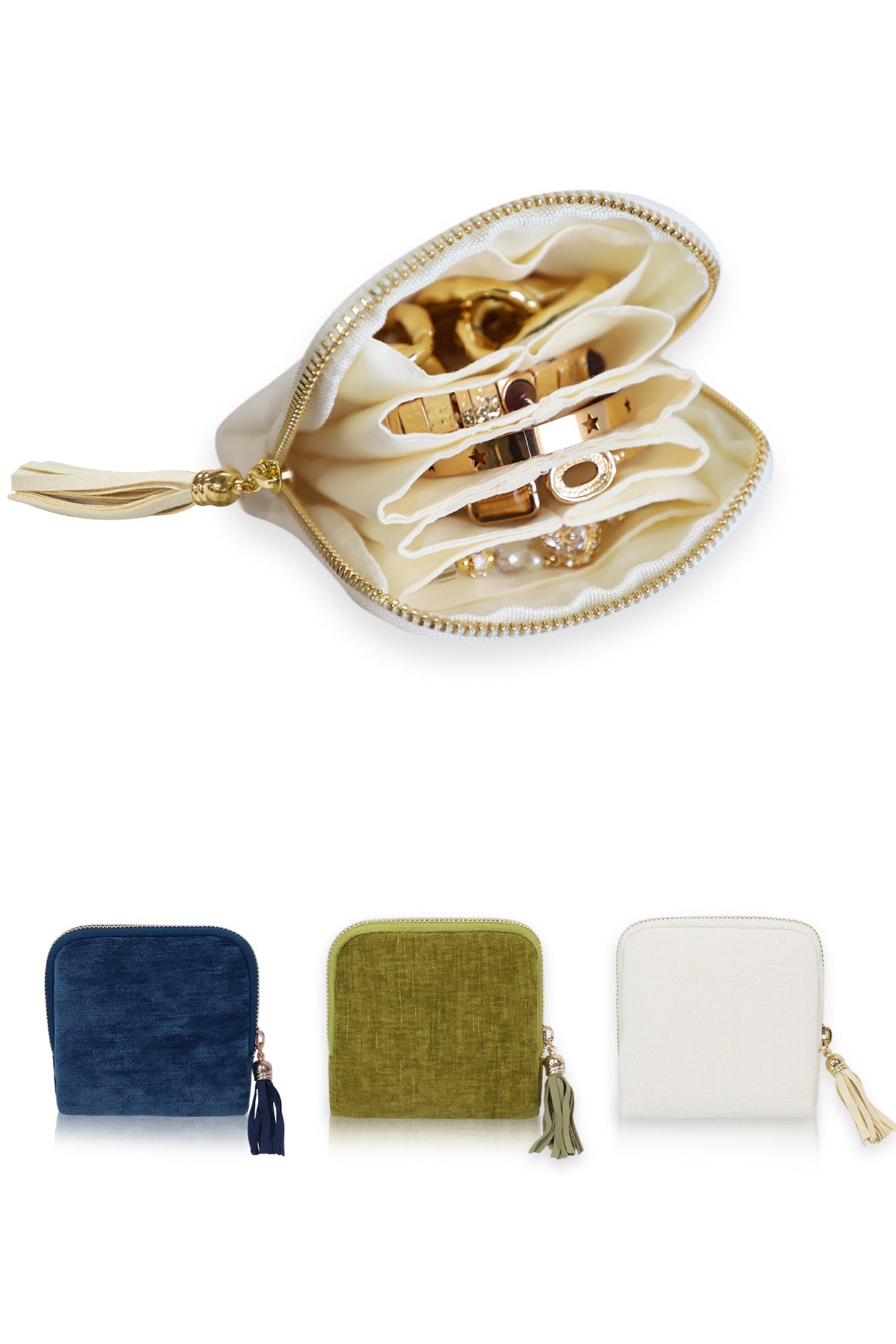 Portable Travel Jewelry Case Pouches for Crystals Bracelets Rings—White Tassel