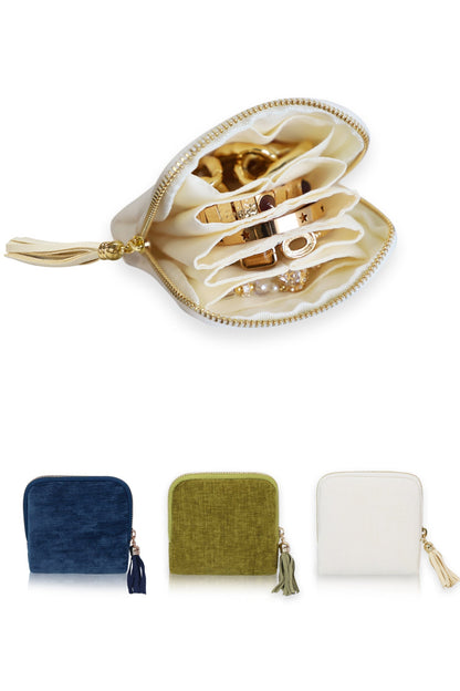 Portable Travel Jewelry Case Pouches for Crystals Bracelets Rings—White Tassel