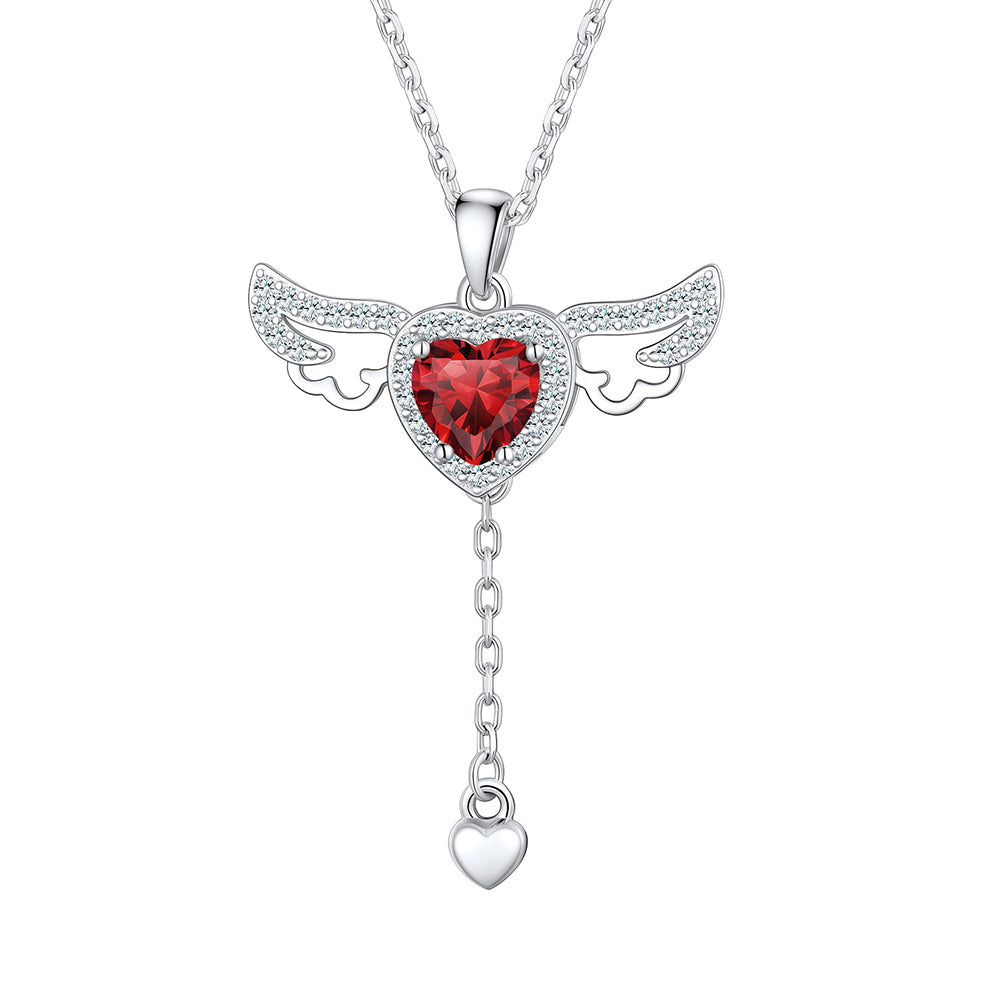 Sterling Silver Cupid Heart Birthstone Necklace With Angel Wings