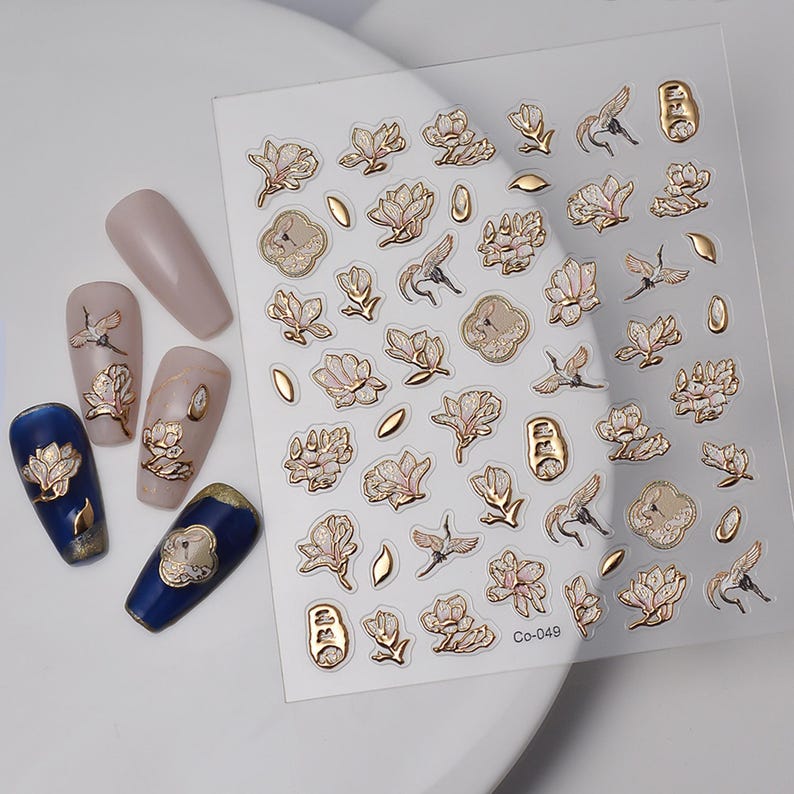 Gold Floral Nail Stickers, 3D Embossed Flower Bird Decals